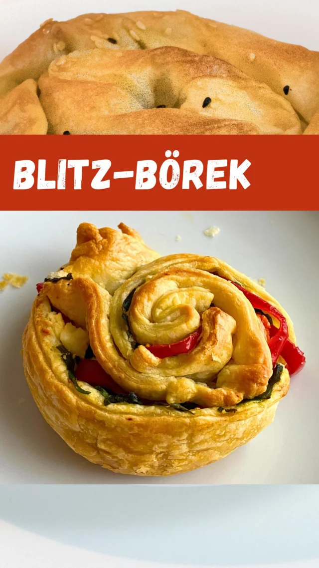 Blitz-Rollbörek | Kolay Gül Böreği | Crispy Roll Börek 
Perfekt für den kleinen Hunger – dazu einfach Tee oder Kaffee und genießen!

Du brauchst nur:
– 1 Packung fertigen Blätterteig
– 1 Handvoll frischen Rucola
– 1 kleine rote Paprika, fein gewürfelt
– ca. 100 g Schafskäse (oder Feta)
– Olivenöl zum Bestreichen

Backen: 200 Grad 15-20 Minuten

Ingredients:
– 1 sheet of ready-made puff pastry
– 1 handful of fresh arugula
– 1 small red bell pepper, finely chopped
– approx. 100 g feta cheese
– A little olive oil for brushing

Bake at 200 C for about 15.20 minutesç

Malzemeler:
– 1 adet hazır milföy hamuru
– 1 avuç taze roka
– 1 küçük kırmızı kapya biber (küçük doğranmış)
– yaklaşık 100 g beyaz peynir
– Üzeri için biraz zeytinyağı

200 derecede yaklaşık 15-20 dakika pişir.

#börek
#blätterteig
#easyrecipes
#quickmeals
#kolaytarifler
#vegetarischerezepte